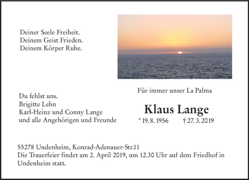  Traueranzeige für Klaus Lange vom 30.03.2019 aus vrm-trauer