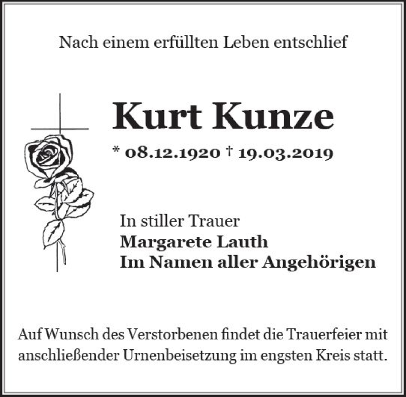  Traueranzeige für Kurt Kunze vom 29.03.2019 aus vrm-trauer