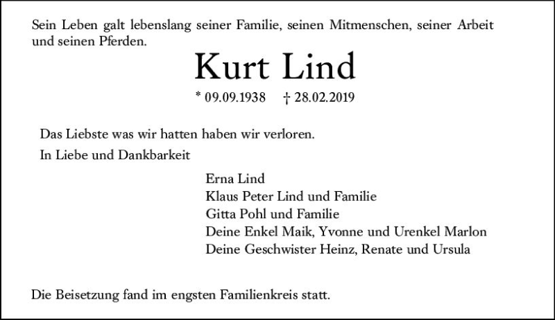  Traueranzeige für Kurt Lind vom 16.03.2019 aus vrm-trauer