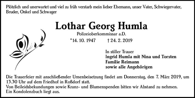  Traueranzeige für Lothar Georg Humla vom 02.03.2019 aus vrm-trauer