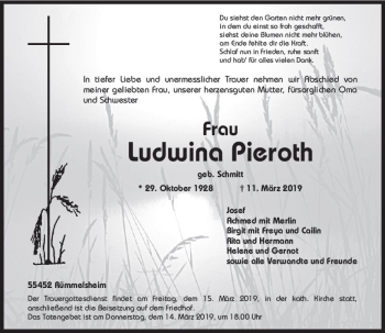 Traueranzeige von Ludwina Pieroth von vrm-trauer