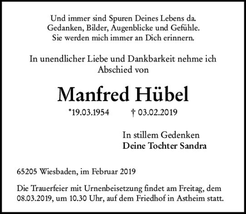  Traueranzeige für Manfred Hübel vom 02.03.2019 aus vrm-trauer