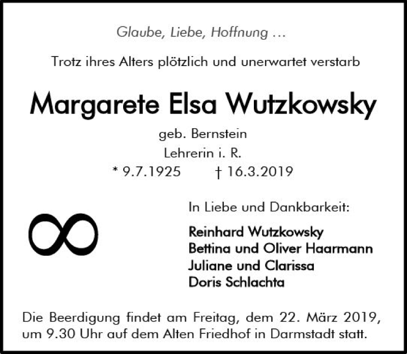  Traueranzeige für Margarete Elsa Wutzkowsky vom 20.03.2019 aus vrm-trauer