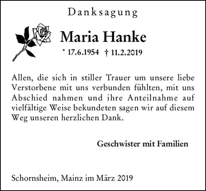  Traueranzeige für Maria Hanke vom 02.03.2019 aus vrm-trauer