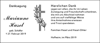 Traueranzeige von Marianne Hasel von vrm-trauer
