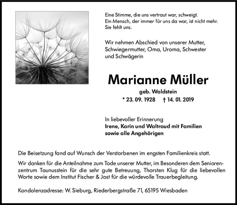  Traueranzeige für Marianne Müller vom 13.03.2019 aus vrm-trauer