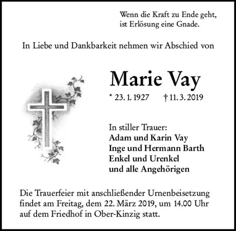  Traueranzeige für Marie Vay vom 20.03.2019 aus vrm-trauer
