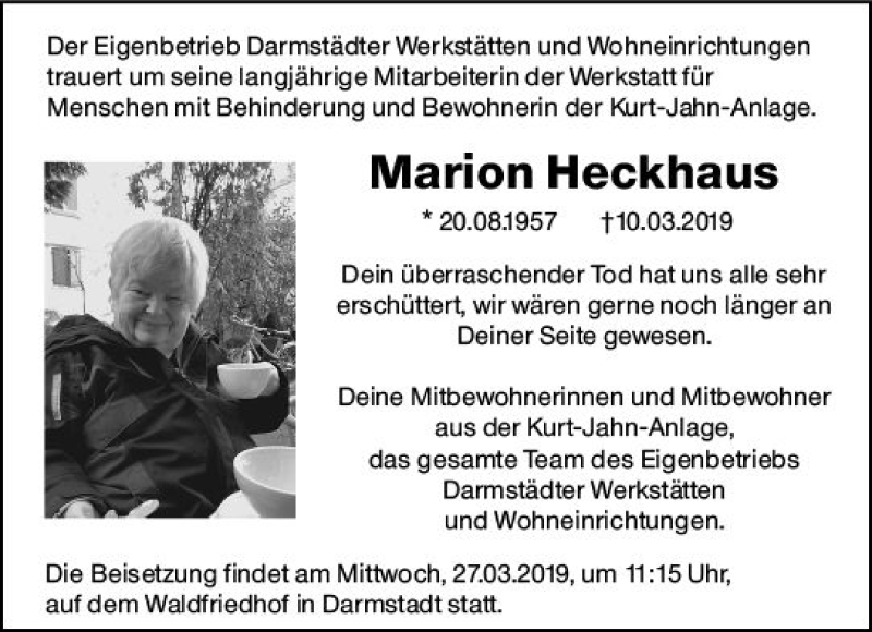  Traueranzeige für Marion Heckhaus vom 23.03.2019 aus vrm-trauer