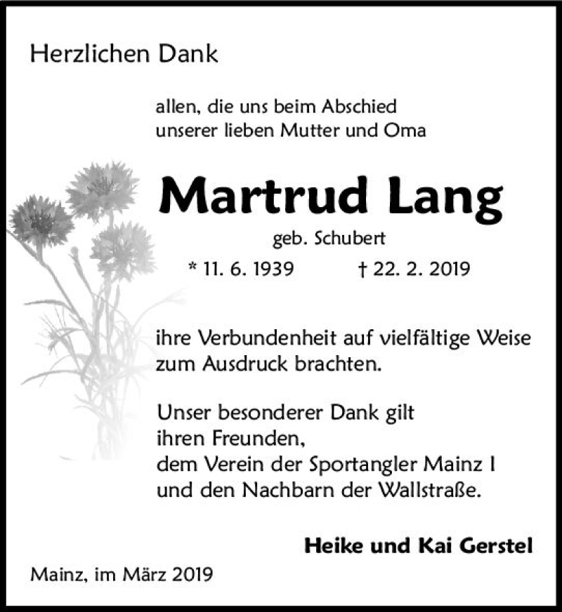  Traueranzeige für Martrud Lang vom 16.03.2019 aus vrm-trauer