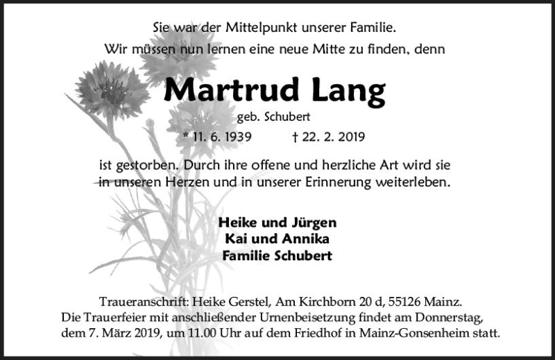  Traueranzeige für Martrud Lang vom 02.03.2019 aus vrm-trauer