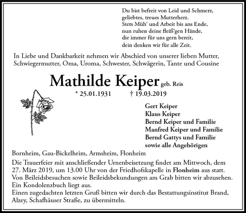  Traueranzeige für Mathilde Keiper vom 25.03.2019 aus vrm-trauer