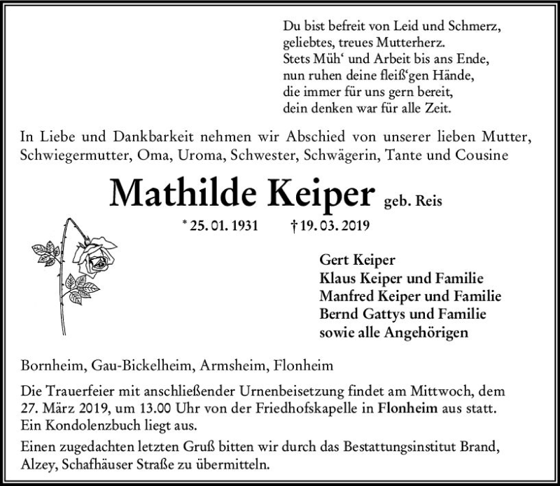  Traueranzeige für Mathilde Keiper vom 23.03.2019 aus vrm-trauer