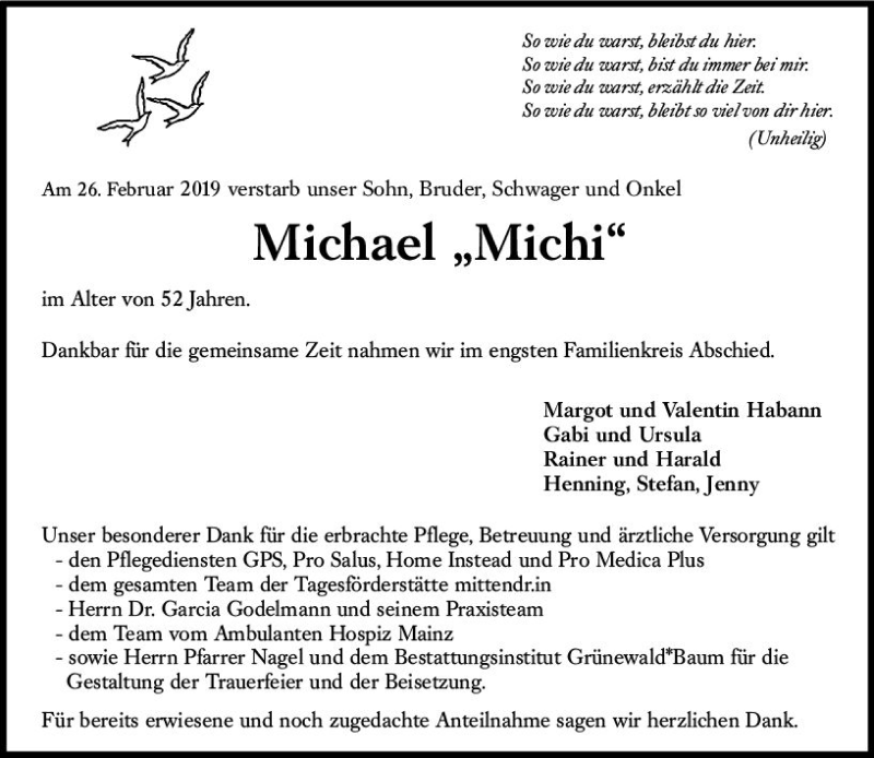  Traueranzeige für Michael  vom 16.03.2019 aus vrm-trauer