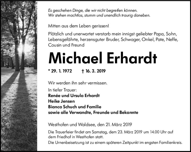  Traueranzeige für Michael Erhardt vom 21.03.2019 aus vrm-trauer