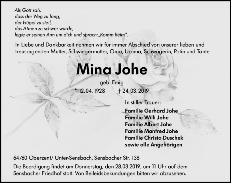  Traueranzeige für Mina Johe vom 26.03.2019 aus vrm-trauer