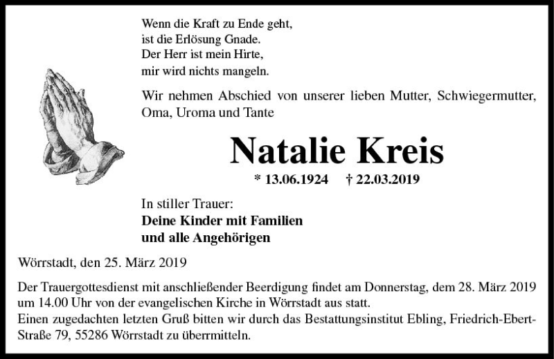  Traueranzeige für Natalie Kreis vom 25.03.2019 aus vrm-trauer
