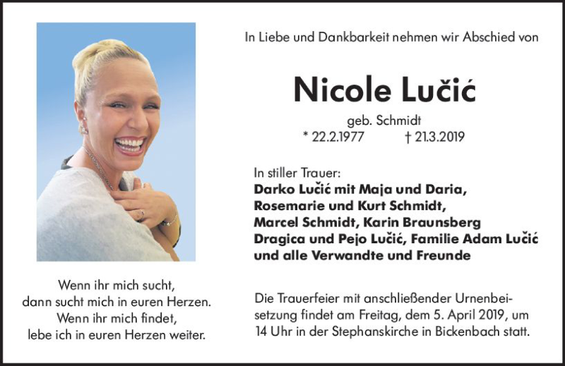  Traueranzeige für Nicole Lucic vom 30.03.2019 aus vrm-trauer