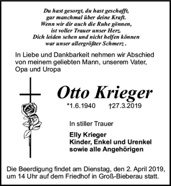 Traueranzeige von Otto Krieger von vrm-trauer