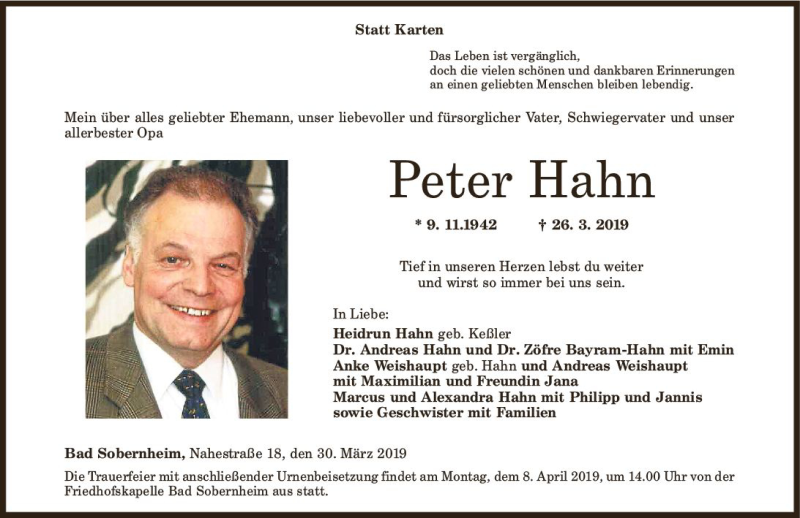  Traueranzeige für Peter Hahn vom 30.03.2019 aus vrm-trauer