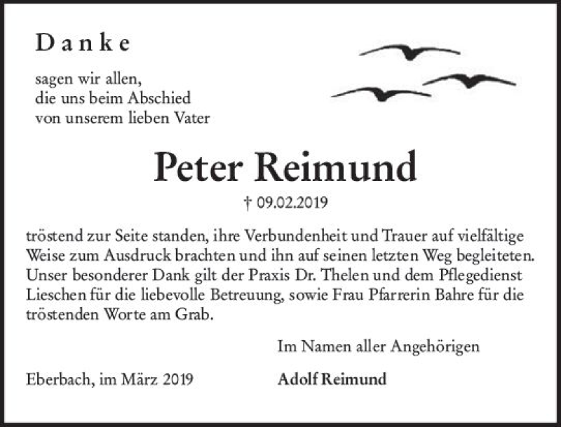  Traueranzeige für Peter Reimund vom 23.03.2019 aus vrm-trauer
