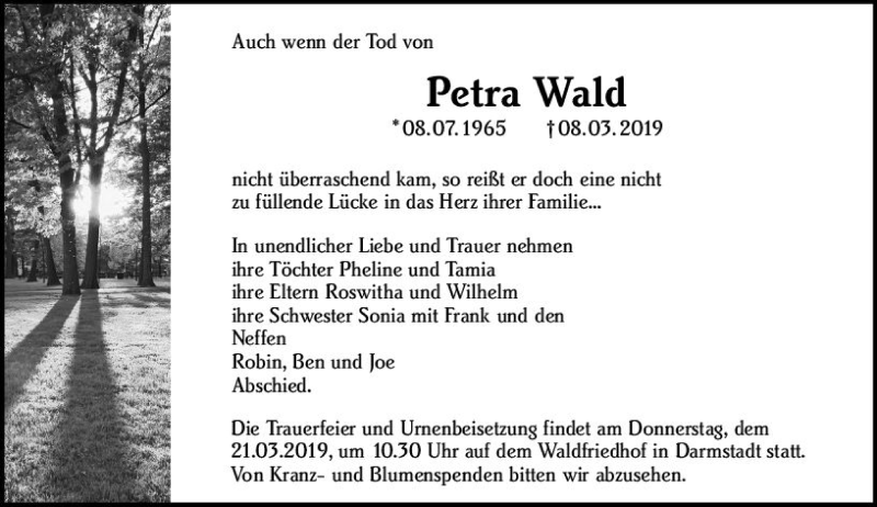  Traueranzeige für Petra Wald vom 19.03.2019 aus vrm-trauer