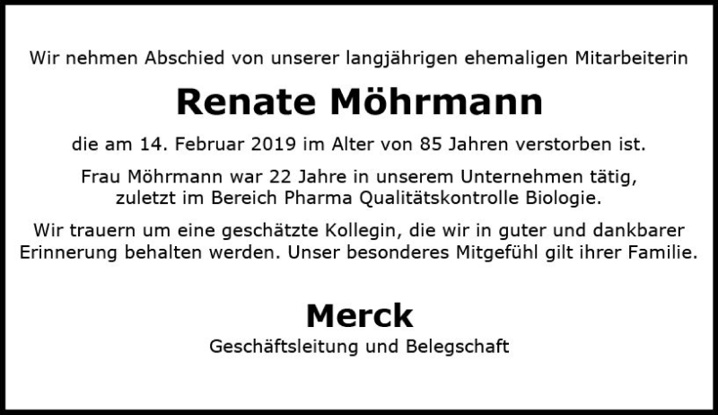  Traueranzeige für Renate Möhrmann vom 16.03.2019 aus vrm-trauer