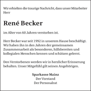 Traueranzeige von René Becker von vrm-trauer