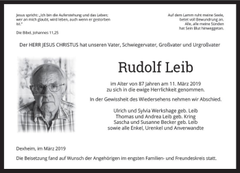 Traueranzeige von Rudolf Leib von vrm-trauer