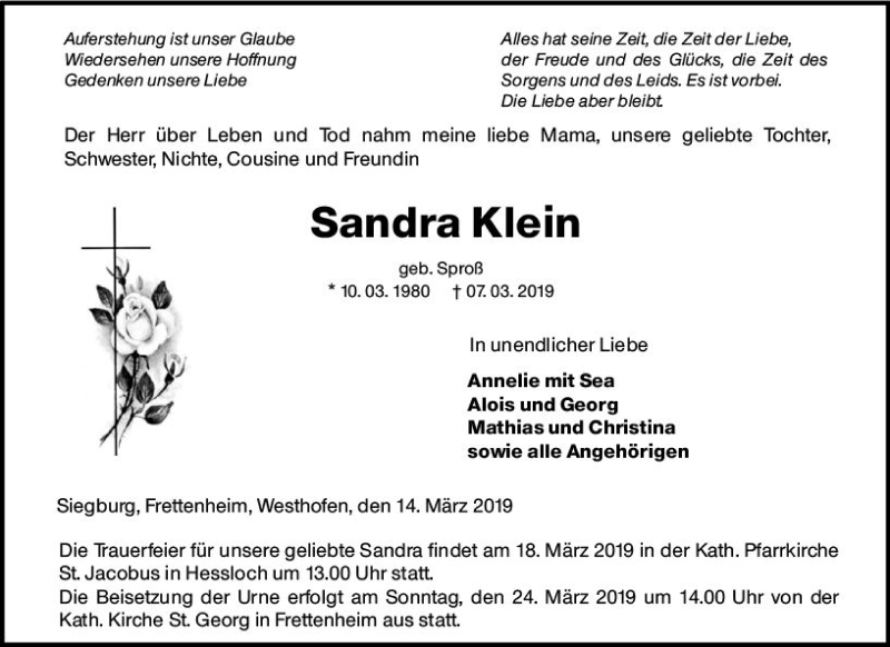  Traueranzeige für Sandra Klein vom 15.03.2019 aus vrm-trauer