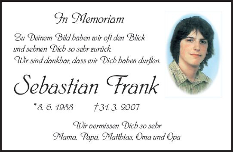  Traueranzeige für Sebastian Frank vom 30.03.2019 aus vrm-trauer