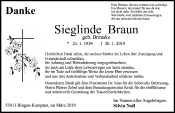 Traueranzeige von Sieglinde Braun von vrm-trauer