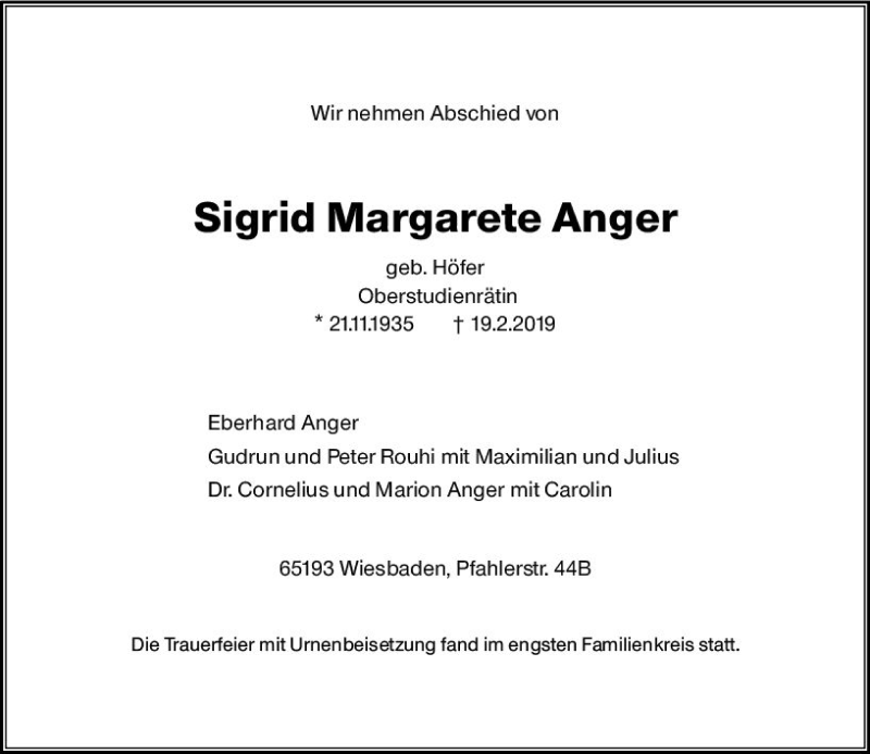  Traueranzeige für Sigrid Margarete Anger vom 16.03.2019 aus vrm-trauer