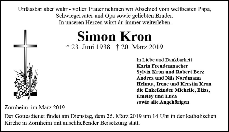  Traueranzeige für Simon Kron vom 23.03.2019 aus vrm-trauer