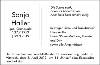 Traueranzeige von Sonja Haller von vrm-trauer
