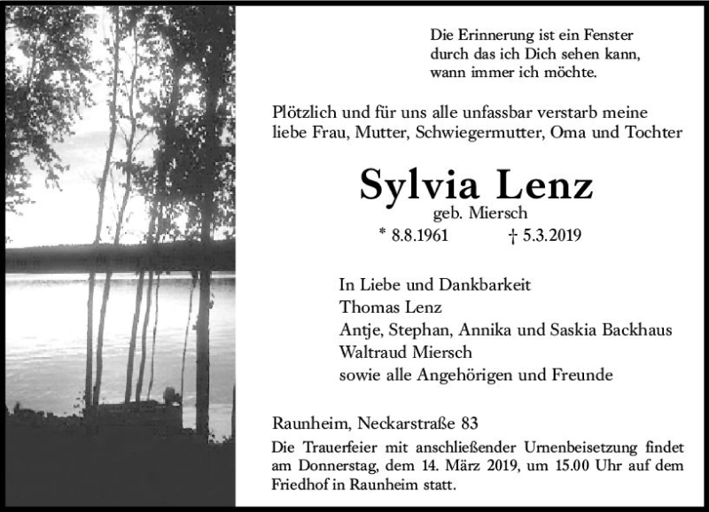  Traueranzeige für Sylvia Lenz vom 09.03.2019 aus vrm-trauer