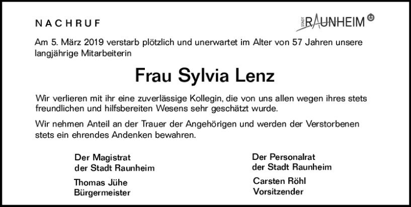  Traueranzeige für Sylvia Lenz vom 13.03.2019 aus vrm-trauer