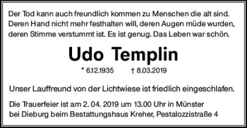Traueranzeige von Udo Templin von vrm-trauer