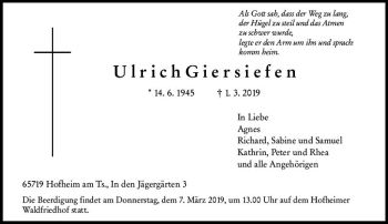 Traueranzeige von Ulrich Giersiefen von vrm-trauer