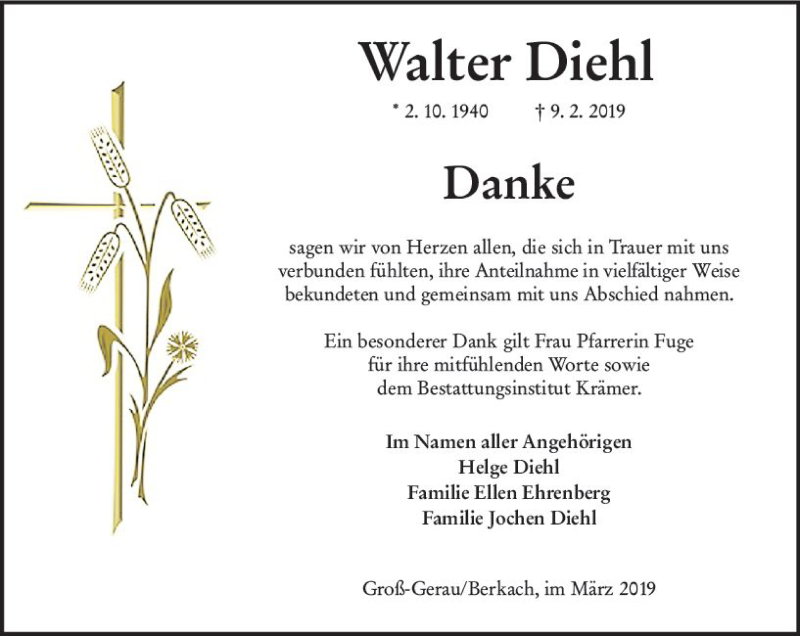 Traueranzeige für Walter Diehl vom 09.03.2019 aus vrm-trauer