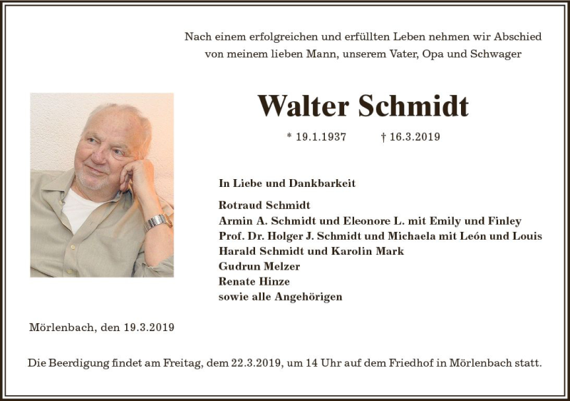  Traueranzeige für Walter Schmidt vom 19.03.2019 aus vrm-trauer