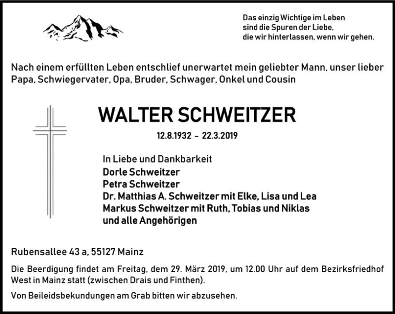  Traueranzeige für Walter Schweitzer vom 26.03.2019 aus vrm-trauer