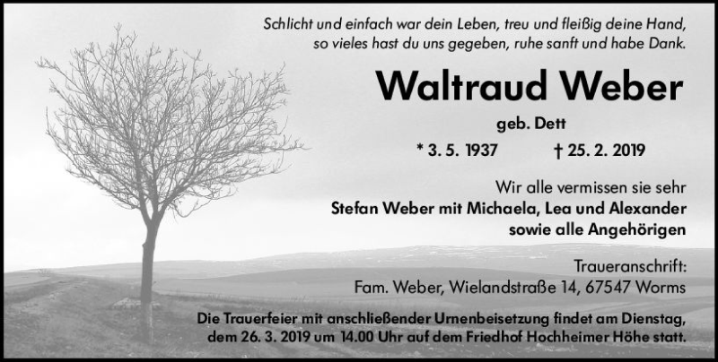  Traueranzeige für Waltraud Weber vom 23.03.2019 aus vrm-trauer