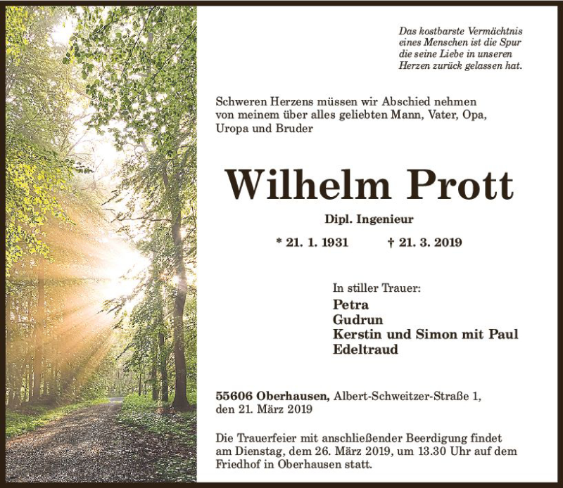  Traueranzeige für Wilhelm Prott vom 23.03.2019 aus vrm-trauer