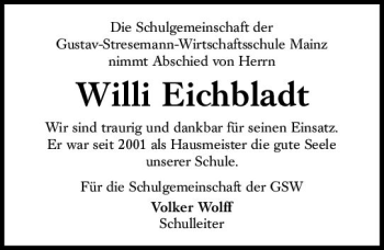 Traueranzeige von Willi Eichbladt von vrm-trauer