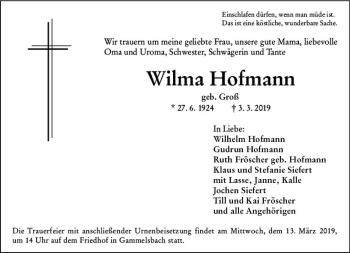 Traueranzeige von Wilma Hofmann von vrm-trauer