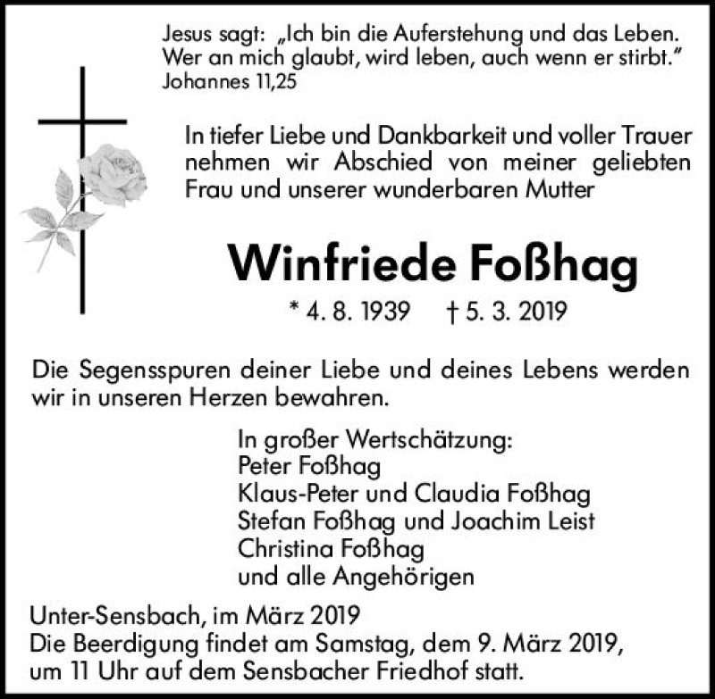  Traueranzeige für Winfriede Foßhag vom 08.03.2019 aus vrm-trauer
