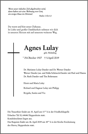 Traueranzeige von Agnes Lulay von vrm-trauer
