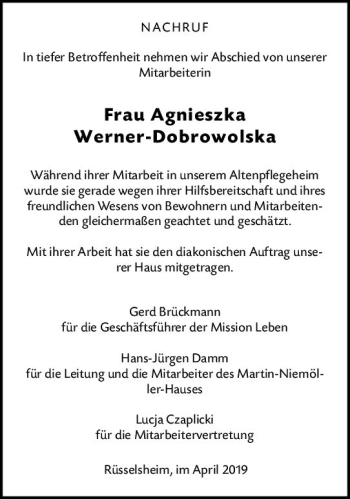 Traueranzeige von Agnieszka Werner-Dobrowolska von vrm-trauer