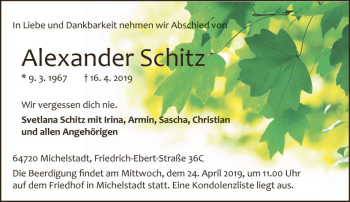 Traueranzeige von Alexander Schitz von vrm-trauer