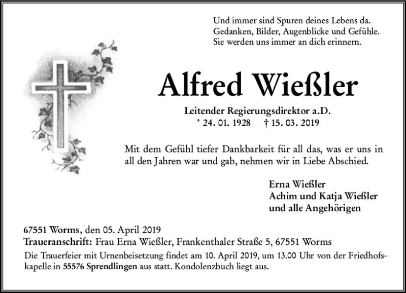  Traueranzeige für Alfred Wießler vom 05.04.2019 aus vrm-trauer